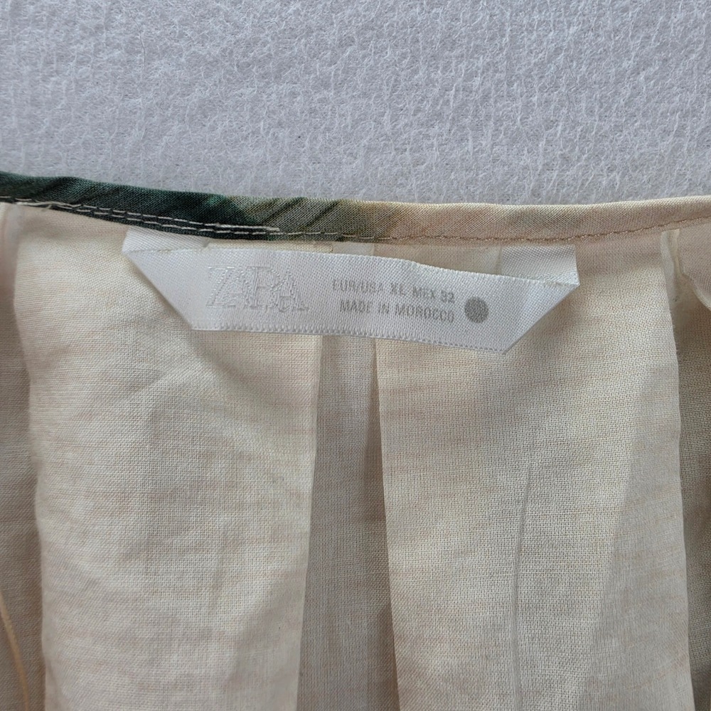 Zara Green Floral Cotton V-Neck Midi Dress Tie Waist Pleated Cream Size XL - Picture 4 of 8